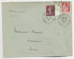 N° 283+189 LETTRE DAGUIN TRACES DU PISTON BONNEVAL 21.8.37 EURE ET LOIR - Maschinenstempel (Werbestempel)