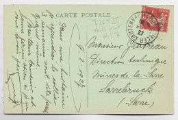 SEMEUSE 40C VERMILLON CARTE GUEBWILLER AMBULANT LAUTERBACH A BONDIVILLER 1927 COTE 35€ - Railway Post