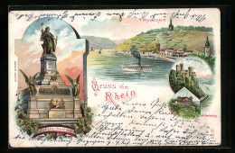 Lithographie Rüdesheim Am Rhein, Rheinstein, Schweizer Haus, National-Denkmal, Dampfer Auf Dem Rhein  - Rüdesheim A. Rh.