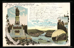 Lithographie Nationaldenkmal Auf Dem Niederwald, Bingen Mit Mäuselthurm Und Rheinstein  - Otros & Sin Clasificación