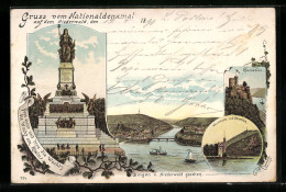 Lithographie Bingen, Nationaldenkmal Auf Dem Niederwald, Mäuseturm Und Ehrenfels, Rheinstein  - Andere & Zonder Classificatie