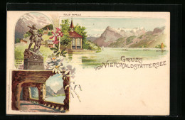 Lithographie Fluelen, Vierwaldstättersee, Axenstrasse, Wilhelm-Tell-Denkmal, Tells-Kapell  - Sonstige & Ohne Zuordnung