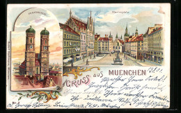 Lithographie München, Frauenkirche, Marienplatz Mit Denkmal  - Autres & Non Classés