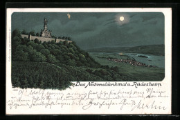 Lithographie Rüdesheim, Nationaldenkmal Und Teilansicht Bei Mondschein  - Other & Unclassified