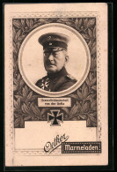 AK Generalfeldmarschall Von Der Glotz, Bildnis Im Mistelkranz Mit Eisernem Kreuz, Reklame Oetker Marmeladen  - Guerre 1914-18