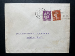 25c SEMEUSE & 40c PAIX SUR ENVELOPPE / 1937 / PARIS 96 RUE GLUCK POUR BAVAY / EXPOSITION INTERNATIONALE PARIS - 1921-1960: Moderne