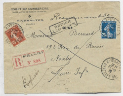 SEMEUSE 10C+25C LETTRE REC RIVESALTES 1916 PYRENEES ORLES POUR NANTES + RETOUR - 1921-1960: Période Moderne