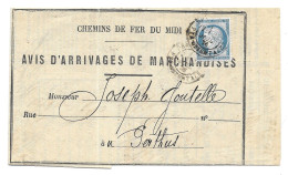 Chemins De Fer Du Midi, 1876. Avis D'arrivages De Marchandises Au Perthus (A17p74) - Bahnpost