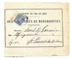 Chemins De Fer Du Midi 1881. Avis D'arrivages De Marchandises En Station De Perpignan Pour Saint Laurent De Cerdans (AS) - Railway Post