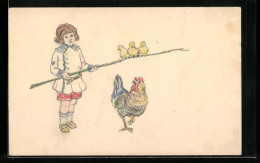 Künstler-AK Handgemalt: Kind Mit Huhn Und Küken  - 1900-1949