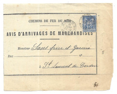Chemins De Fer Du Midi, 1881. Avis D'arrivages De Marchandises En Station De Perpignan Pour Saint Laurent De Cerdan (AS) - Spoorwegpost