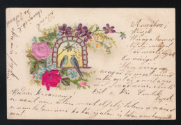 Bogen Umkränzt Mit Bunten Blumen, 2 Schwalben Mittendrin, Budapest 8.11.1910 - Autres & Non Classés