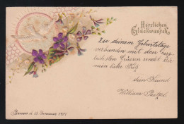 Weiße Taube Blumenranken Lila Glitzer, Herzlichen Glückwunsch Bremen 13.1.1901 - Sonstige & Ohne Zuordnung