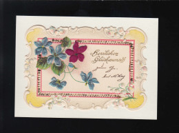 Blüten Ornamente Blaue Und Lila Blumenzweige Herzlichen Glückwunsch, Beschriftet - Sonstige & Ohne Zuordnung