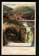 Künstler-AK Triberg, Ortsansicht Mit Schwarzwaldbahn Und Wasserfall  - Triberg