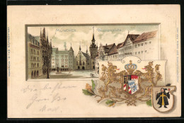 Passepartout-Lithographie München, Marienplatz Mit Wappen & Münchner Kindl  - Sonstige & Ohne Zuordnung