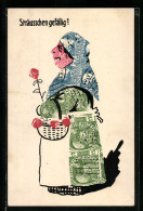 AK Sträusschen Gefällig?, Briefmarkencollage Einer Blumenverkäuferin  - Briefmarken (Abbildungen)