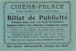 Nantes * Thème CINEMA * Cinéma PALACE 6 Rue Scribe * Ticket Billet De Publicité * Ciné Film * Pub Au Dos - Nantes