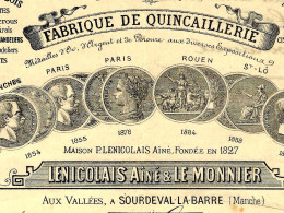1886 ENTETE LENICOLAIS Ainé & Le Monnier Fabrique De Quincaillerie Aux Vallées Sourdeval La Barre Manche >la Nouvelle - 1849-1876: Periodo Clásico