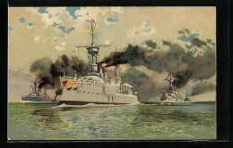Lithographie Kriegsschiffe Auf See  - Oorlog