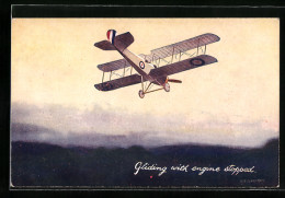 Künstler-AK Britisches Doppeldecker-Flugzeug Gleitet Mit Gestopptem Motor  - 1914-1918: 1a Guerra