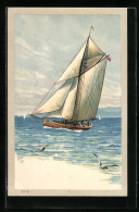 Lithographie Segelboot Und Möwen  - Zeilen