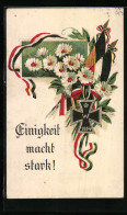 Lithographie Eisernes Kreuz 1914 Mit Reichsflagge Und Blumen, Einigkeit Macht Stark  - War 1914-18