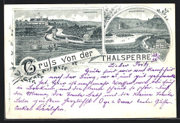 Vorläufer-Lithographie Remscheid, 1893, Thalsperre Mit Gasthaus, Mebusmühle Mit Brücke  - Remscheid