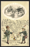 Lithographie Knaben Mit Trommel, Zwei Katzen Im Rahmen  - Katzen