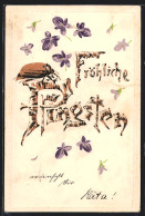 AK Fröhliche Pfingsten, Schriftzug Aus Birkenholz Mit Krabbelndem Maikäfer Und Veilchen  - Insects