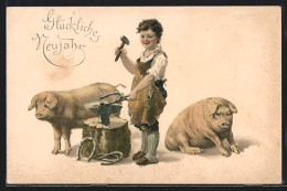 Lithographie Glückliches Neujahr, Kleiner Schmied Und Schweine  - Schweine