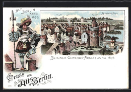 Lithographie Berlin, Berliner Gewerbe-Ausstellung 1896, Spandauer Tor, Wächter Mit Wappen  - Ausstellungen