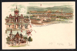 Lithographie Geneve, Exposition Nationale Suisse 1896, Ausstellungsgelände Mit Pavillons  - Ausstellungen