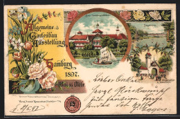 Lithographie Hamburg, Allgemeine Gartenbau Ausstellung 1897 Hängebrücke, Haupt-Ausstellungsgebäude  - Expositions