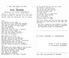 Doodsprentje / Image Mortuaire Paul Delbeke - Vanmaercke - Wevelgem Kortrijk 1896-1973 - Décès