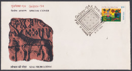 Inde India 1994 Special Cover Archaeology, Archaeological Artifact, Bull, Cattle, Seal, Horse?, Pictorial Postmark - Briefe U. Dokumente