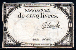 538-Assignat De 5 Livres E L'An 2 Blanche Série 26690 - Assegnati