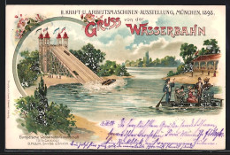 Lithographie München, II. Kraft- Und Arbeitsmaschinen-Ausstellung 1898, Wasserbahn, Europäische Wasserbahn-Gesellsch  - Ausstellungen