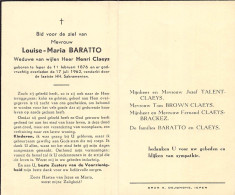 Doodsprentje / Image Mortuaire Louise-Maria Baratto - Claeys Ieper 1876-1962 - Décès