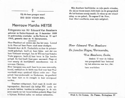 Doodsprentje / Image Mortuaire Martha Heyse - Van Beselaere - Eecke Nazareth De Panne - 1889-1965 - Todesanzeige