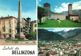 BELLIZONE, TICINO,  ARCHITECTURE, CASTLE, MONUMENT, MOUNTAIN, MULTIPLE VIEWS, PANORAMA, TOWER, SWITZERLAND, POSTCARD - Bellinzone