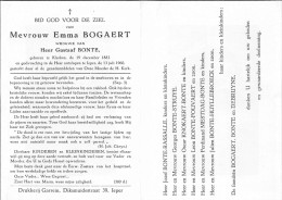 Doodsprentje / Image Mortuaire Emma Bogaert - Bonte - Klerken Ieper 1883-1960 - Todesanzeige