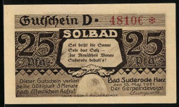 Notgeld Bad Suderode /Harz 1921, 25 Pfennig, Ortsansicht Und Calcium-Trinkkuren  - Lokale Ausgaben