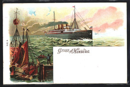 Lithographie Hamburg, Einlaufendes Passagierschiff Normannia  - Steamers