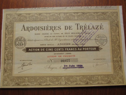 FRANCE - 49 - MAINE ET LOIRE - ANGERS 1928 - ARDOISIERES DE TRELAZE - ACTION DE 500 FRS  - PEU COURANT - Other & Unclassified