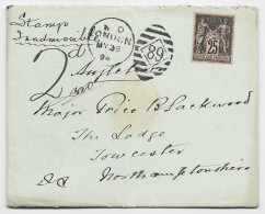 FRANCE SAGE 25C NEUF N° 97 LETTRE COVER MENTION STAMP INADMIS  OBL LONDON 1894 TO ENGLAND TAXE 2D RARE SUPERBE - 1877-1920: Période Semi Moderne