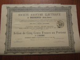 FRANCE - 87 - HTE VIENNE - BESSINES 1927 - SA ELECTRIQUE DE BESSINES - ACTION DE 500 FRS - Other & Unclassified