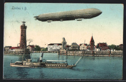 AK Lindau I. B., Zeppelin über Dem Ort, Dampfer St. Gotthard  - Airships
