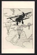 Künstler-AK Fallschirmspringer Springen über Einer Kaserne Ab  - Fallschirmspringen