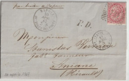 1867 -LETTRE De NAPOLI SUCC. DEL PORTO ! BATEAU A VAPEUR- ENTREE AMBULANT - ITALIE AMB.LYON MARS.F ! => ANIANE (HERAULT) - Storia Postale